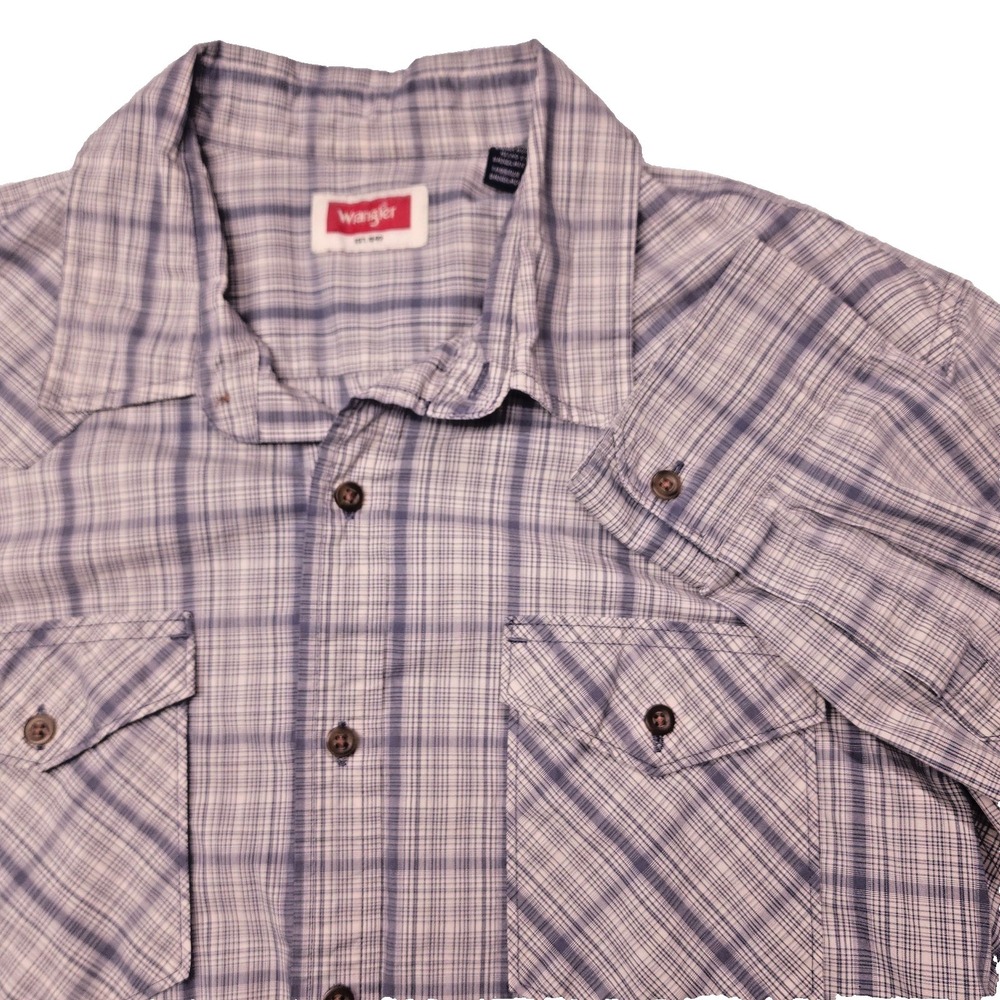 Wrangler Western Shirt Mens Large Blue Plaid Stretch Button Up Pockets